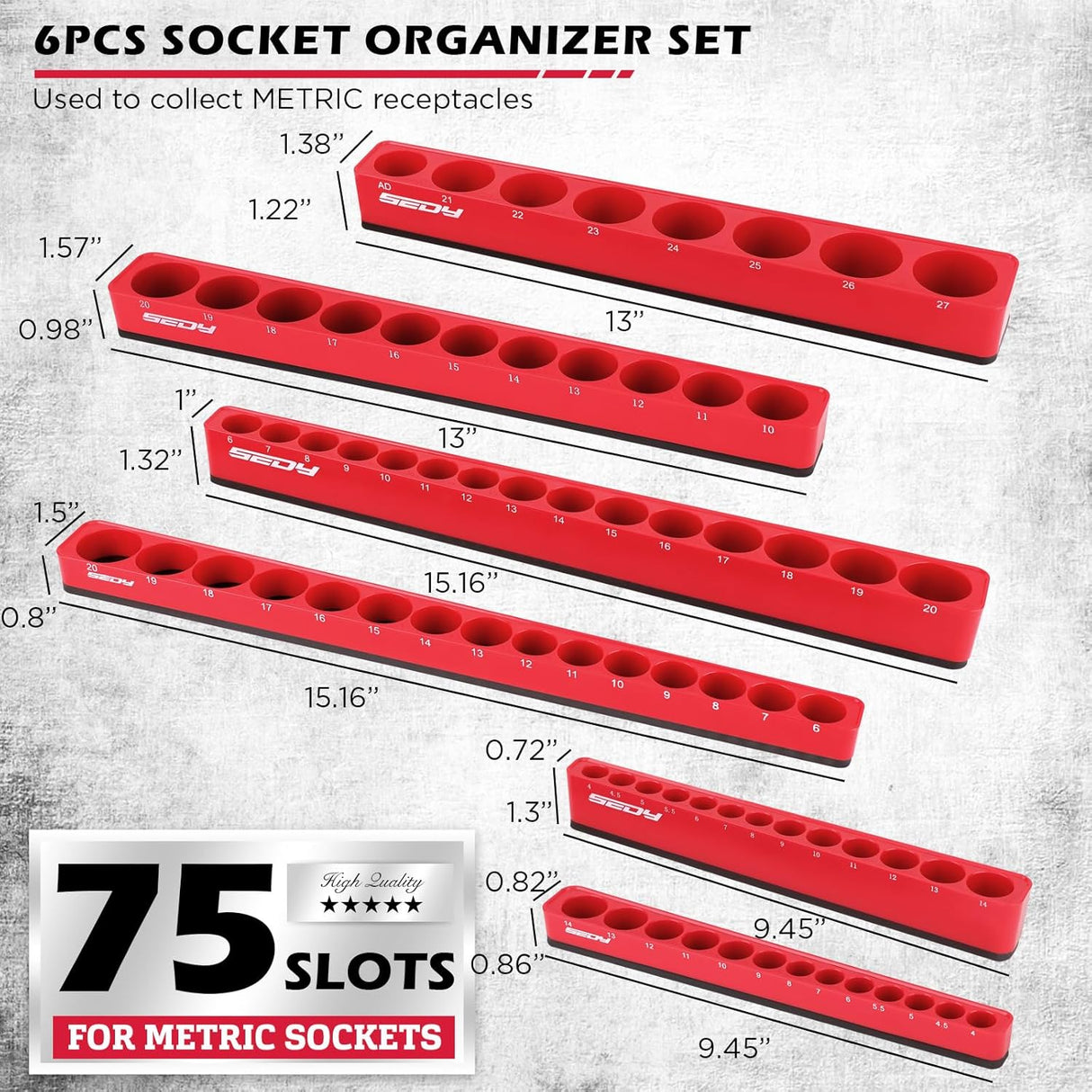 SEDY 6-piece magnetic socket organizer set with 75 metric slots for tool drawer or wall mounting