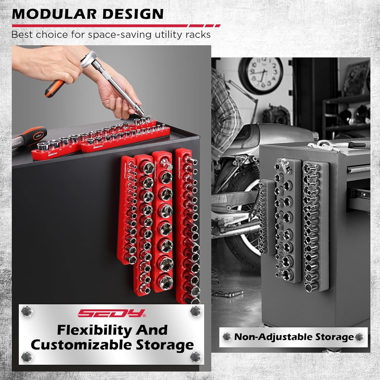 SEDY 6-piece magnetic socket organizer set with 75 metric slots for tool drawer or wall mounting