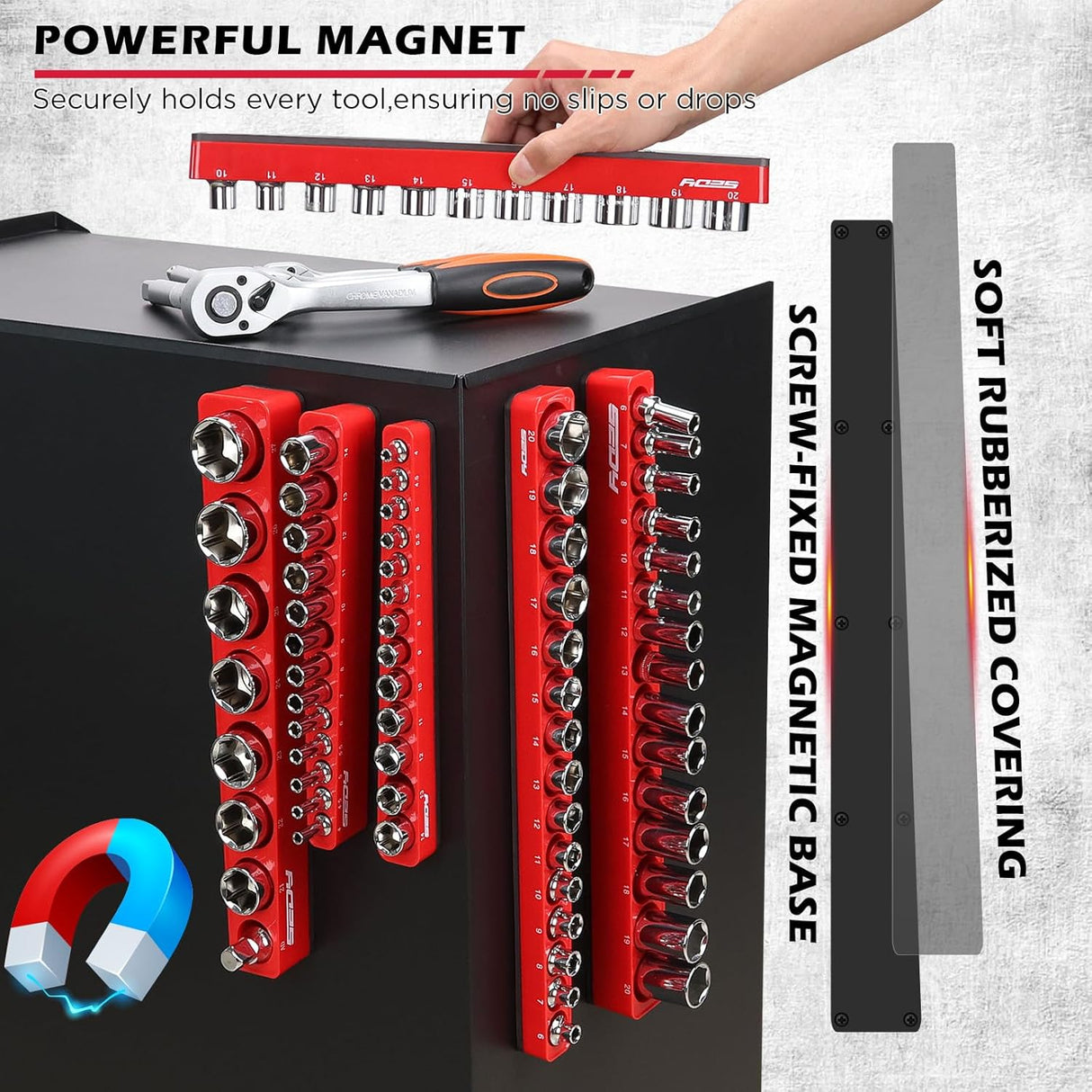 SEDY 6-piece magnetic socket organizer set with 75 metric slots for tool drawer or wall mounting