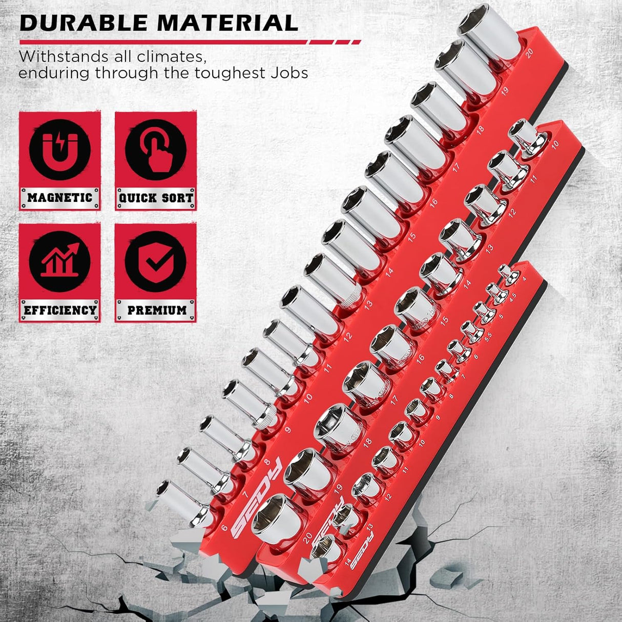 SEDY 6-piece magnetic socket organizer set with 75 metric slots for tool drawer or wall mounting