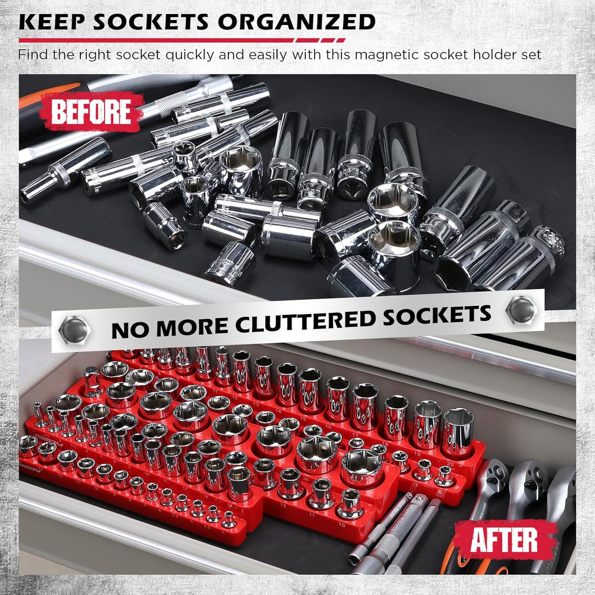 SEDY 6-piece magnetic socket organizer set with 75 metric slots for tool drawer or wall mounting