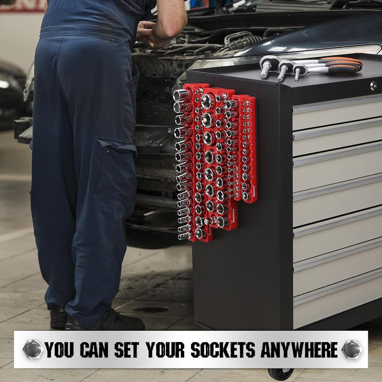 SEDY 6-piece magnetic socket organizer set with 75 metric slots for tool drawer or wall mounting