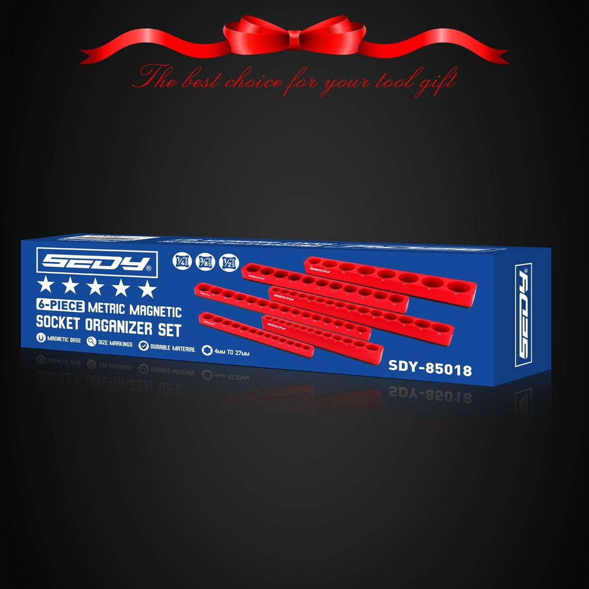 SEDY 6-piece magnetic socket organizer set with 75 metric slots for tool drawer or wall mounting