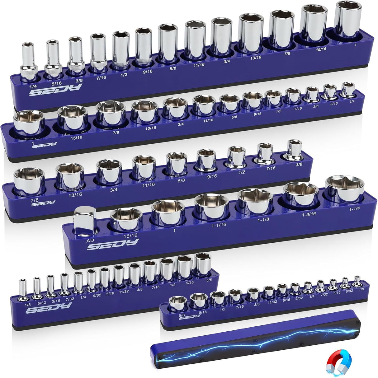 SEDY 6-piece SAE magnetic socket organizer tray set with 68 slots for wall or drawer tool storage
