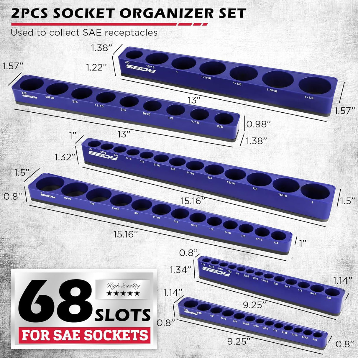 SEDY 6-piece SAE magnetic socket organizer tray set with 68 slots for wall or drawer tool storage