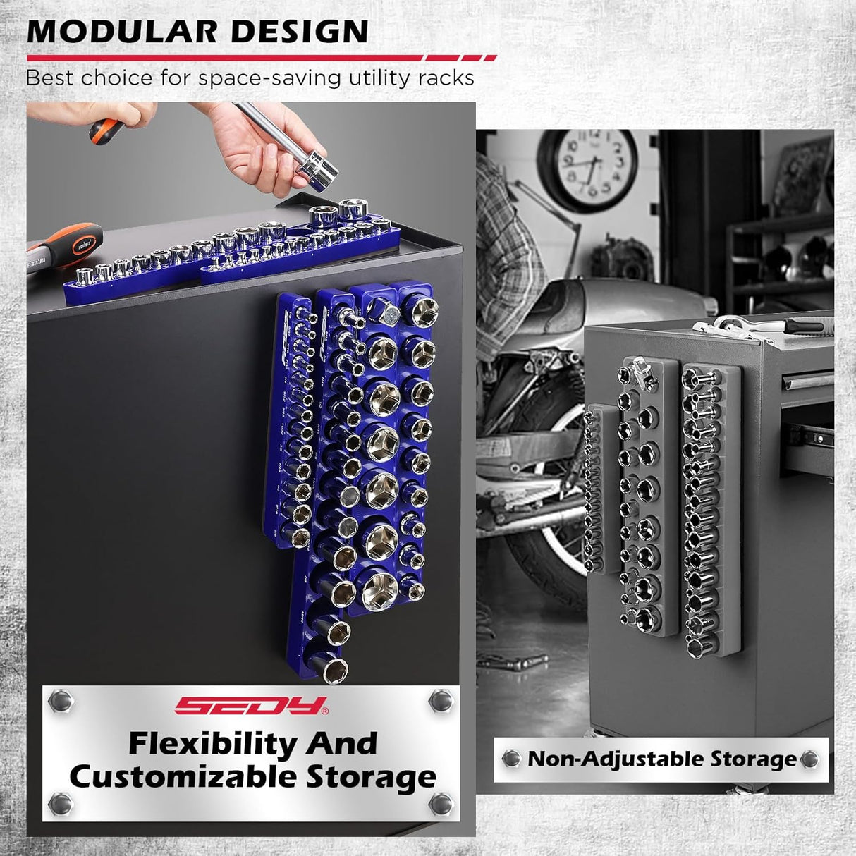 SEDY 6-piece SAE magnetic socket organizer tray set with 68 slots for wall or drawer tool storage