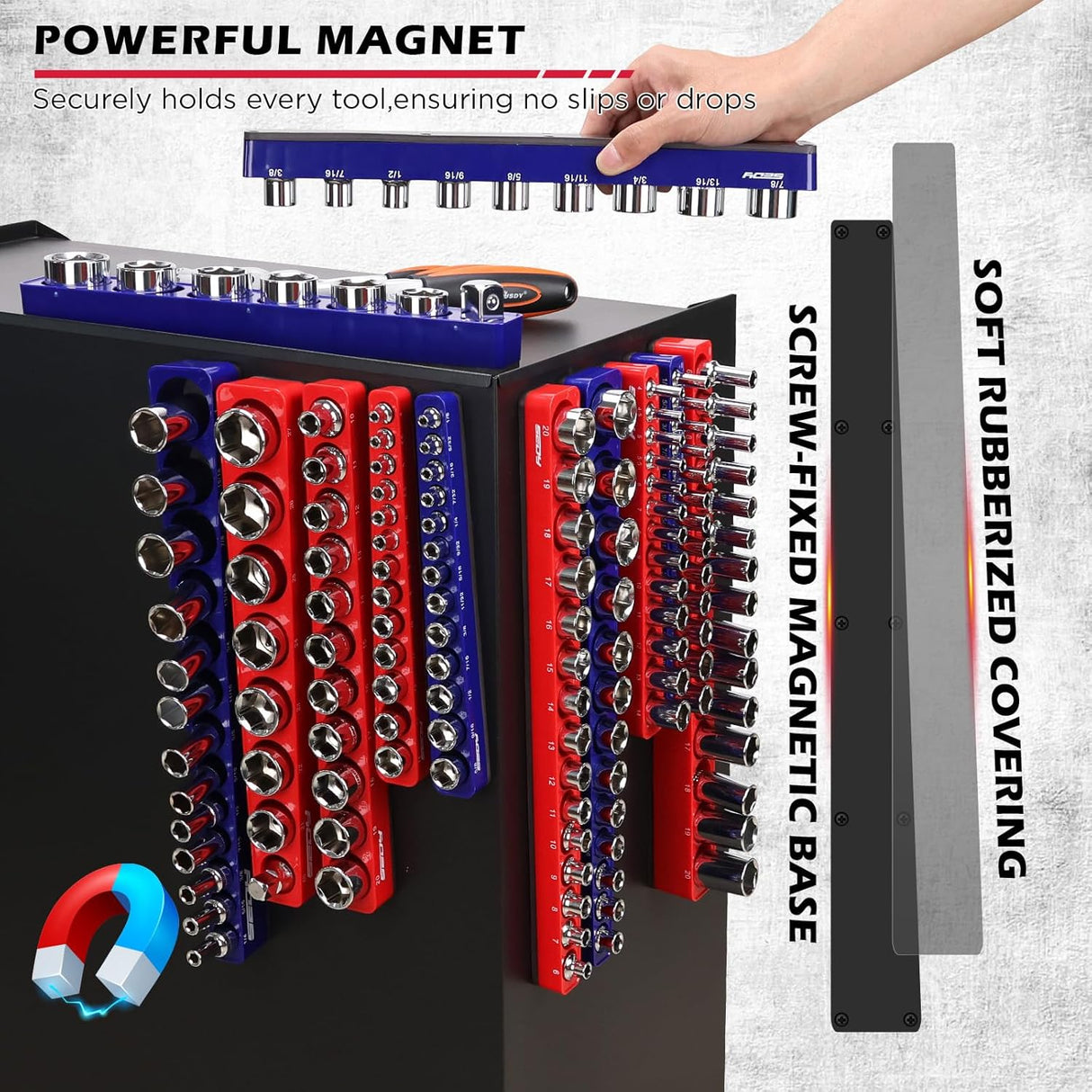 SEDY 12-piece red and blue magnetic socket organizer tray set with 143 metric and SAE slots for tool storage