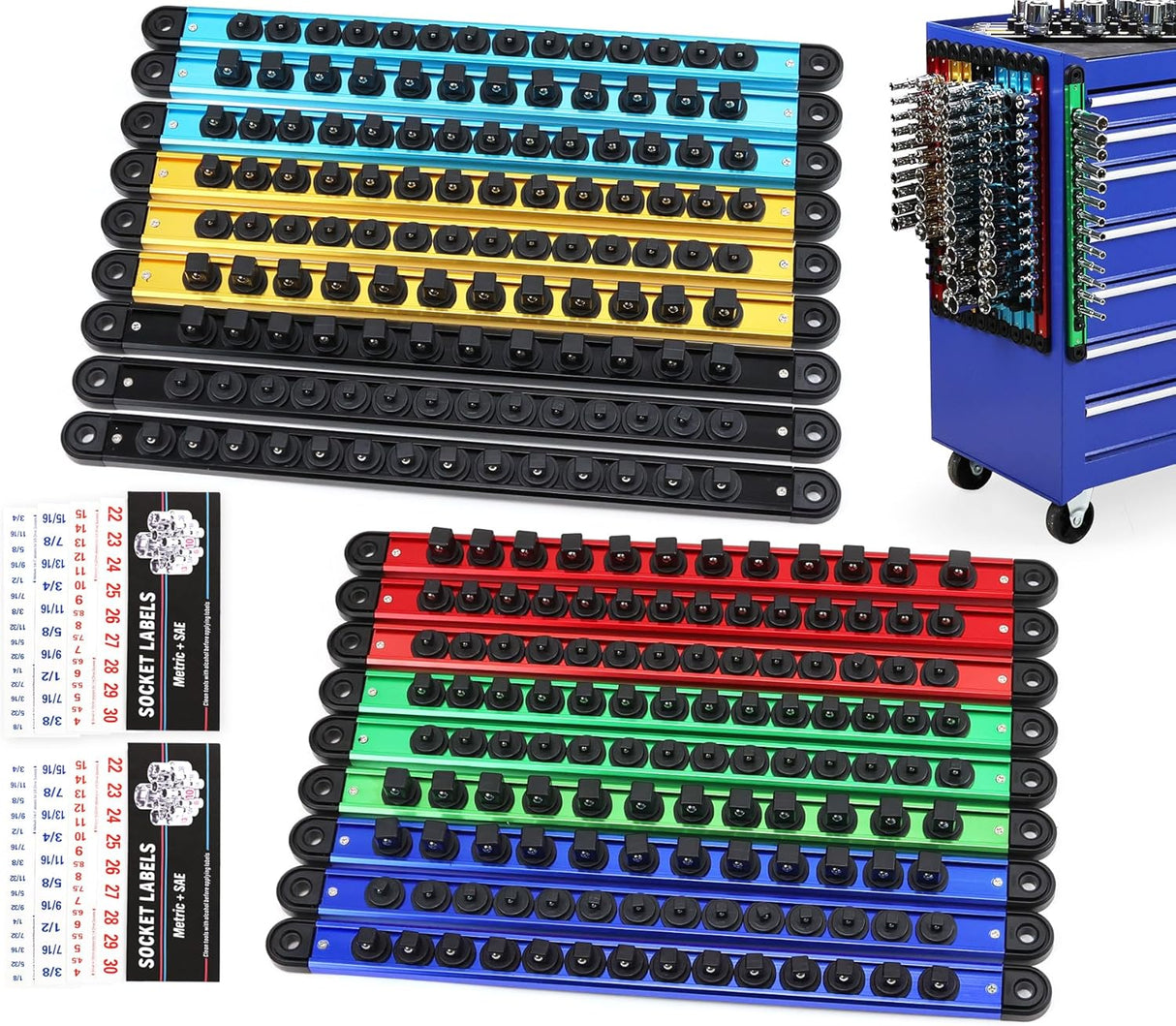 18-Piece Magnetic Socket Organizer Set, Heavy Duty Aluminum Racks for 1/2", 3/8", 1/4" Sockets