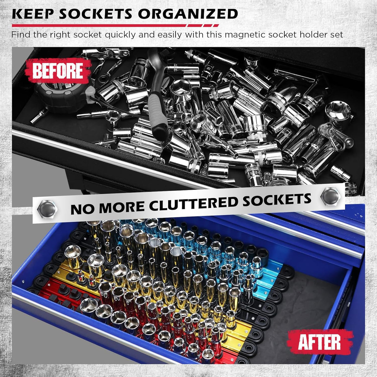 18-Piece Magnetic Socket Organizer Set, Heavy Duty Aluminum Racks for 1/2", 3/8", 1/4" Sockets