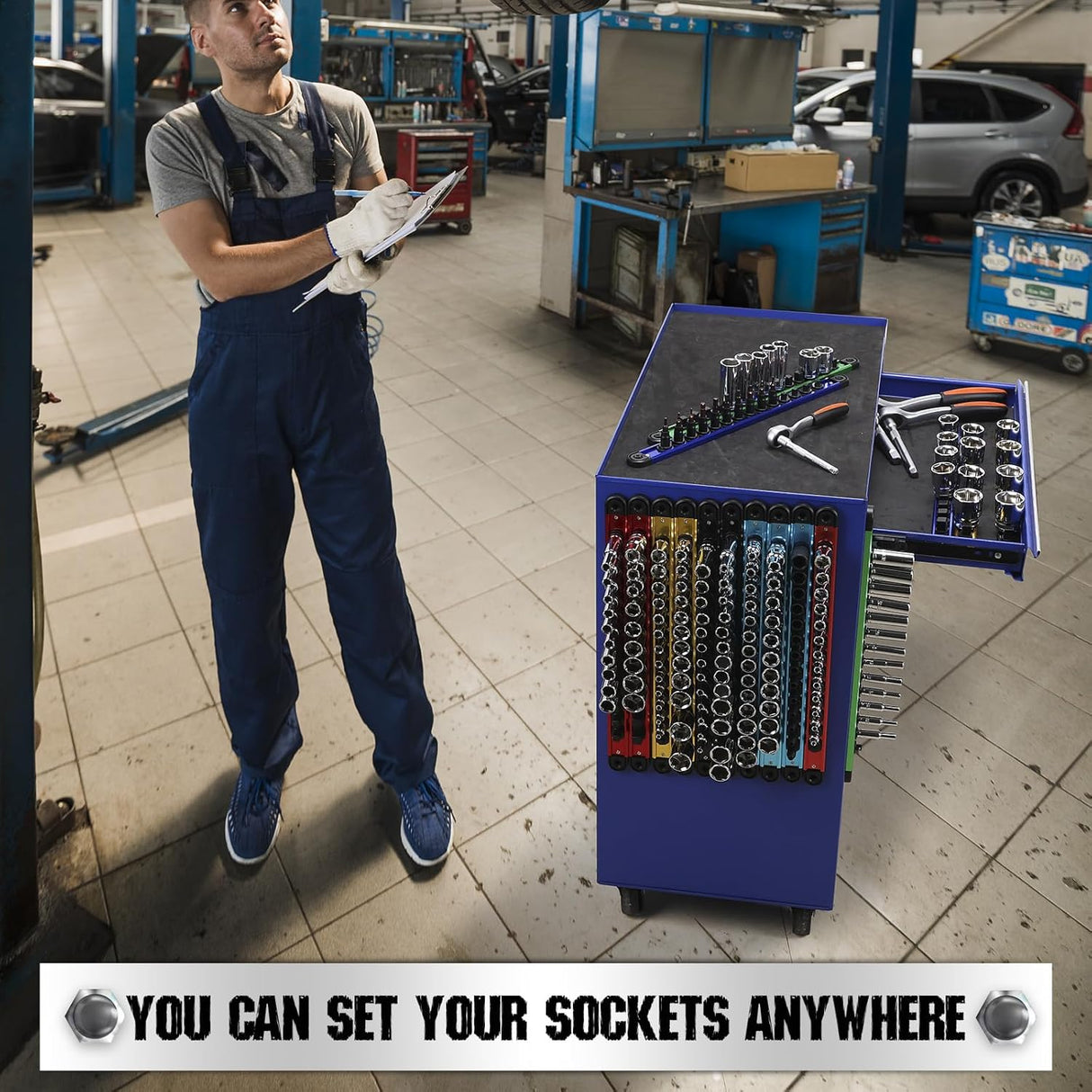 18-Piece Magnetic Socket Organizer Set, Heavy Duty Aluminum Racks for 1/2", 3/8", 1/4" Sockets