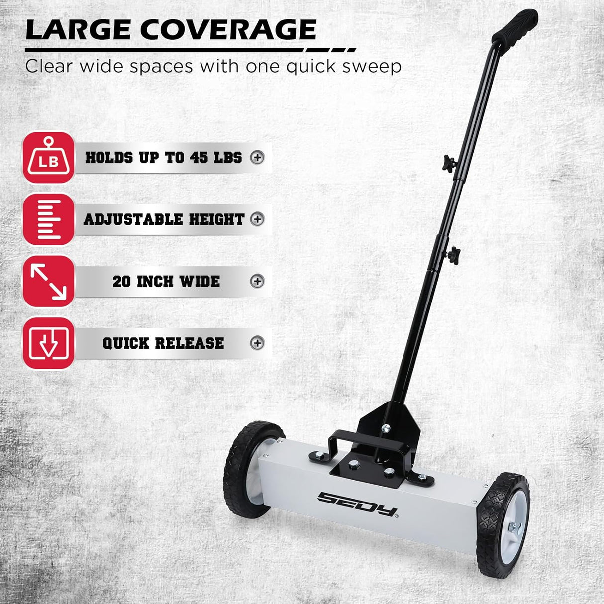 18-inch rolling magnetic sweeper with telescoping handle and 9.5-inch trays for picking up nails, screws, and debris in garages, workshops, lawns, and driveways.