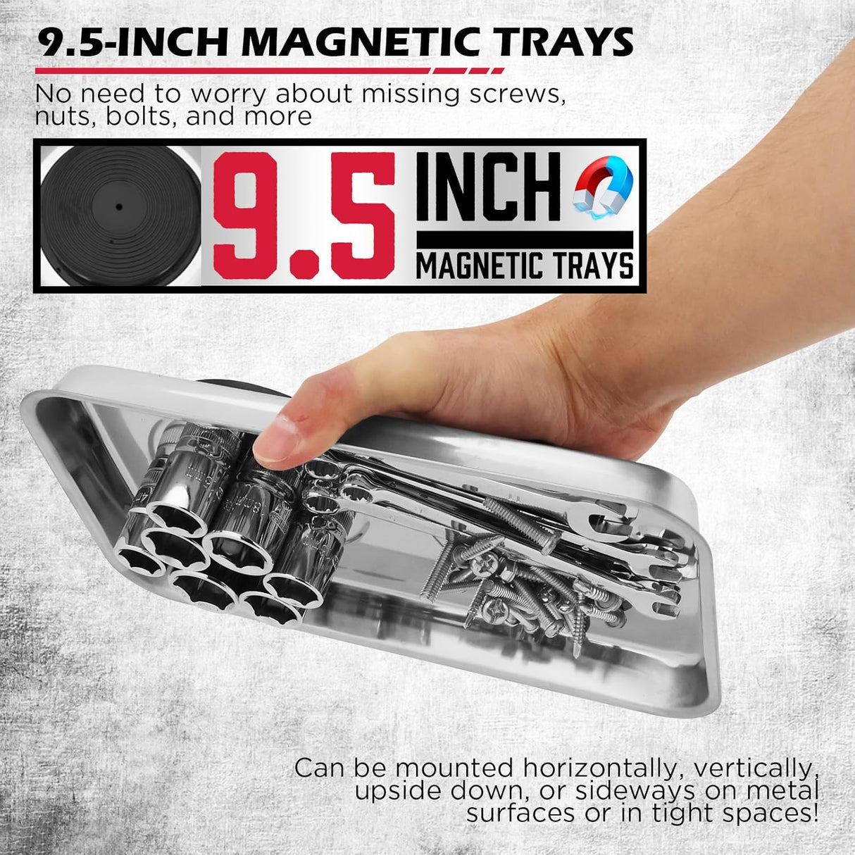 18-inch rolling magnetic sweeper with telescoping handle and 9.5-inch trays for picking up nails, screws, and debris in garages, workshops, lawns, and driveways.