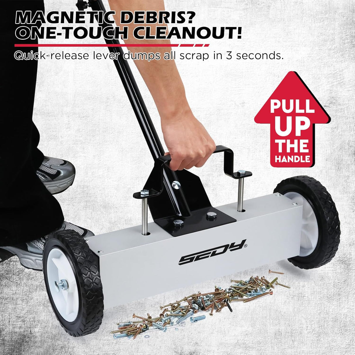 18-inch rolling magnetic sweeper with telescoping handle and 9.5-inch trays for picking up nails, screws, and debris in garages, workshops, lawns, and driveways.