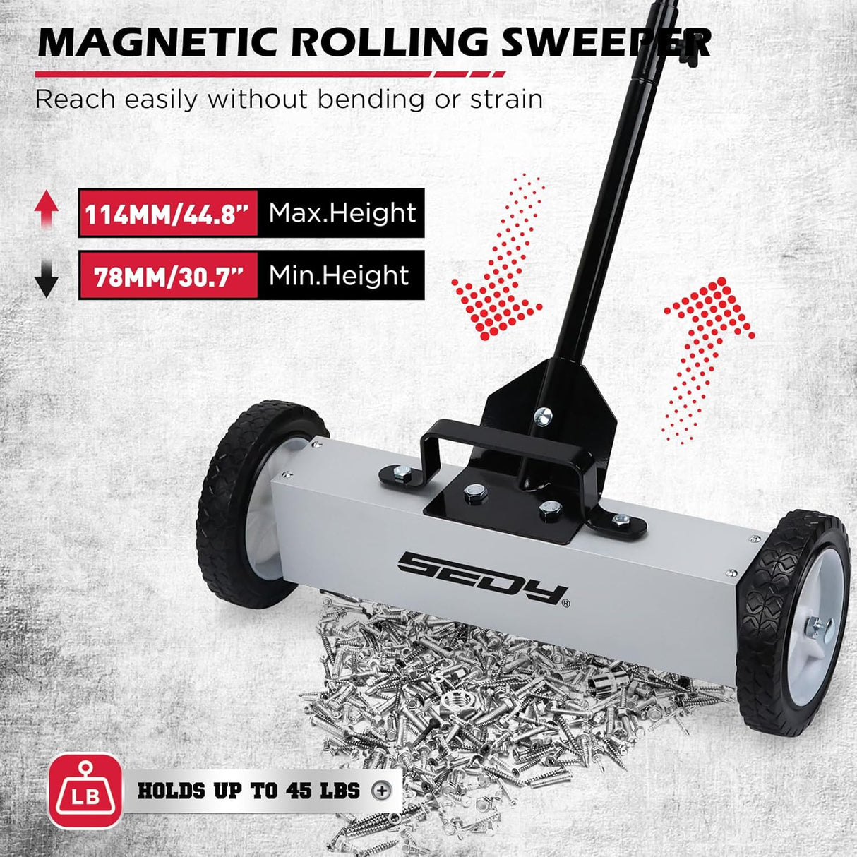 18-inch rolling magnetic sweeper with telescoping handle and 9.5-inch trays for picking up nails, screws, and debris in garages, workshops, lawns, and driveways.