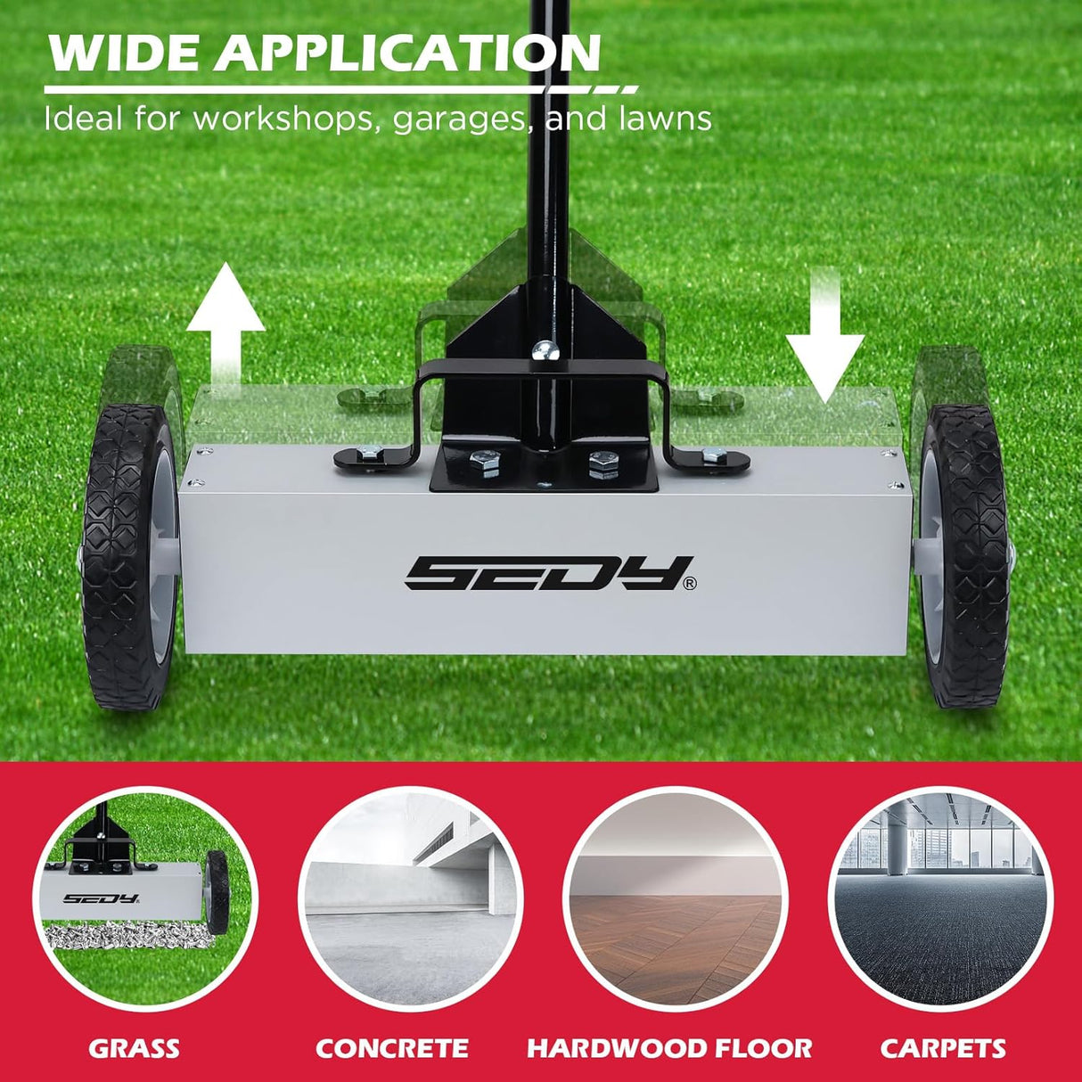 18-inch rolling magnetic sweeper with telescoping handle and 9.5-inch trays for picking up nails, screws, and debris in garages, workshops, lawns, and driveways.
