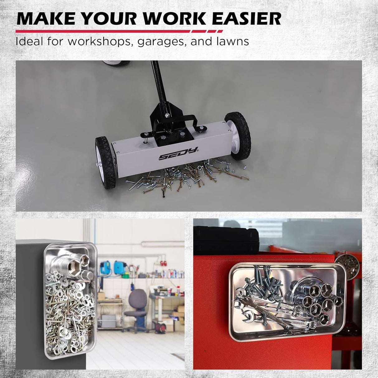 18-inch rolling magnetic sweeper with telescoping handle and 9.5-inch trays for picking up nails, screws, and debris in garages, workshops, lawns, and driveways.