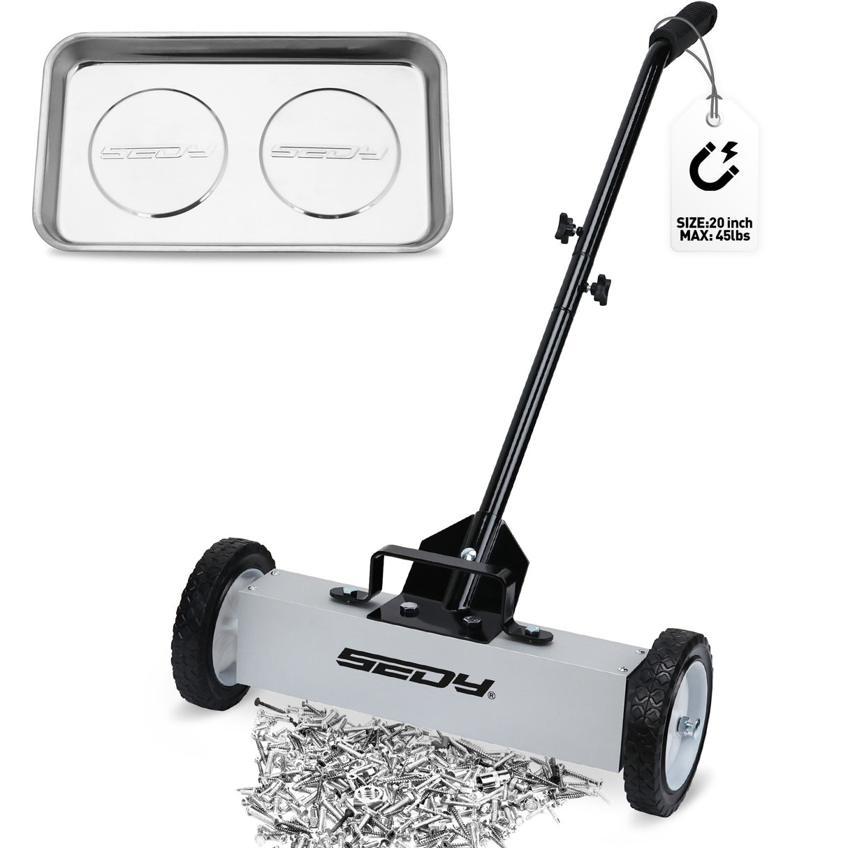 18-inch rolling magnetic sweeper with telescoping handle and 9.5-inch trays for picking up nails, screws, and debris in garages, workshops, lawns, and driveways.