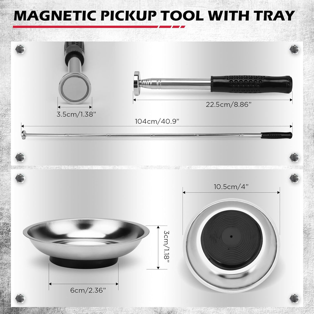 3-pack telescoping magnetic pickup tools extending to 41 inches with 50 lb pull force and magnetic parts tray for collecting nails, screws, and metal debris in garages and workshops.