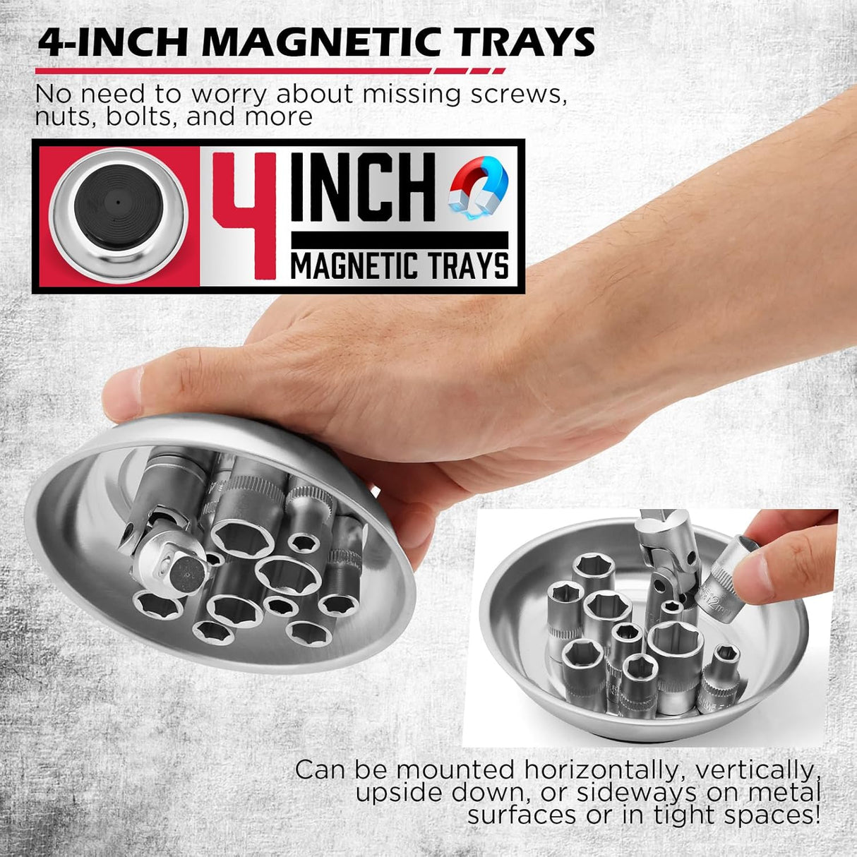 3-pack telescoping magnetic pickup tools extending to 41 inches with 50 lb pull force and magnetic parts tray for collecting nails, screws, and metal debris in garages and workshops.