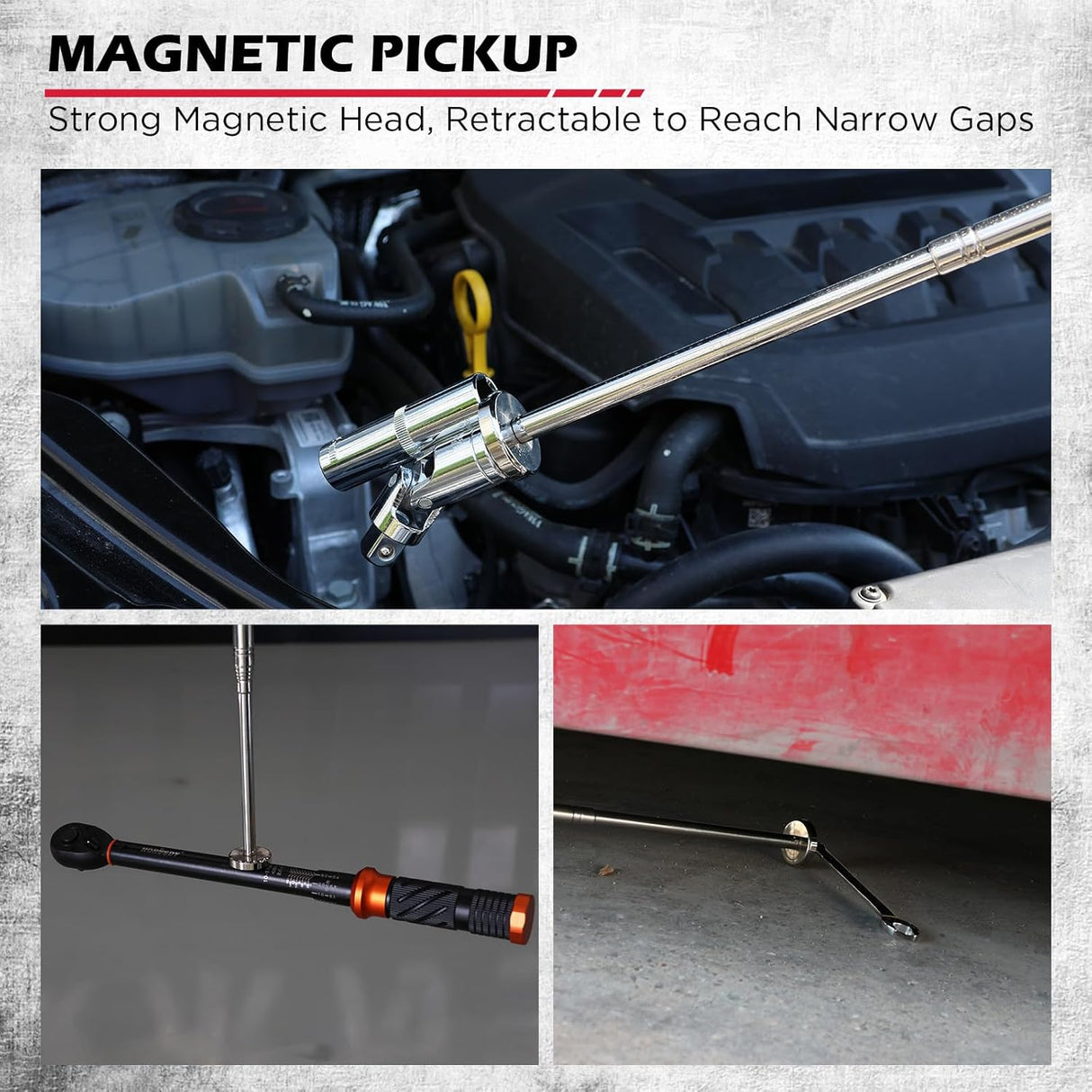 3-pack telescoping magnetic pickup tools extending to 41 inches with 50 lb pull force and magnetic parts tray for collecting nails, screws, and metal debris in garages and workshops.