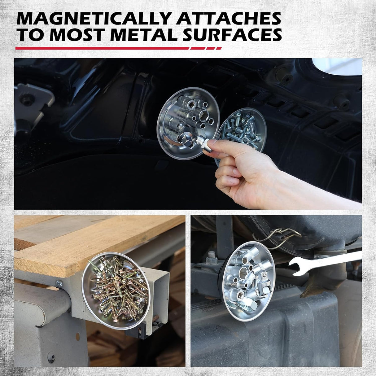 3-pack telescoping magnetic pickup tools extending to 41 inches with 50 lb pull force and magnetic parts tray for collecting nails, screws, and metal debris in garages and workshops.