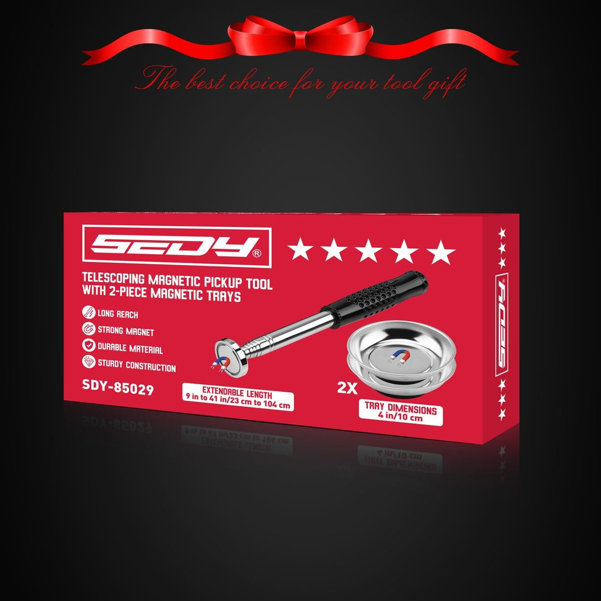 3-pack telescoping magnetic pickup tools extending to 41 inches with 50 lb pull force and magnetic parts tray for collecting nails, screws, and metal debris in garages and workshops.