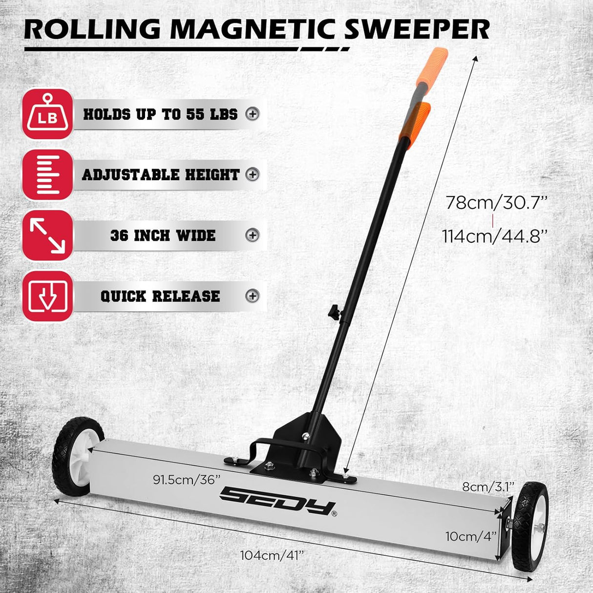 36-inch rolling magnetic sweeper kit with 40-inch telescoping magnetic pickup tool and trays, 55 lb capacity for nails, screws, and metal debris cleanup in garages, workshops, and lawns.