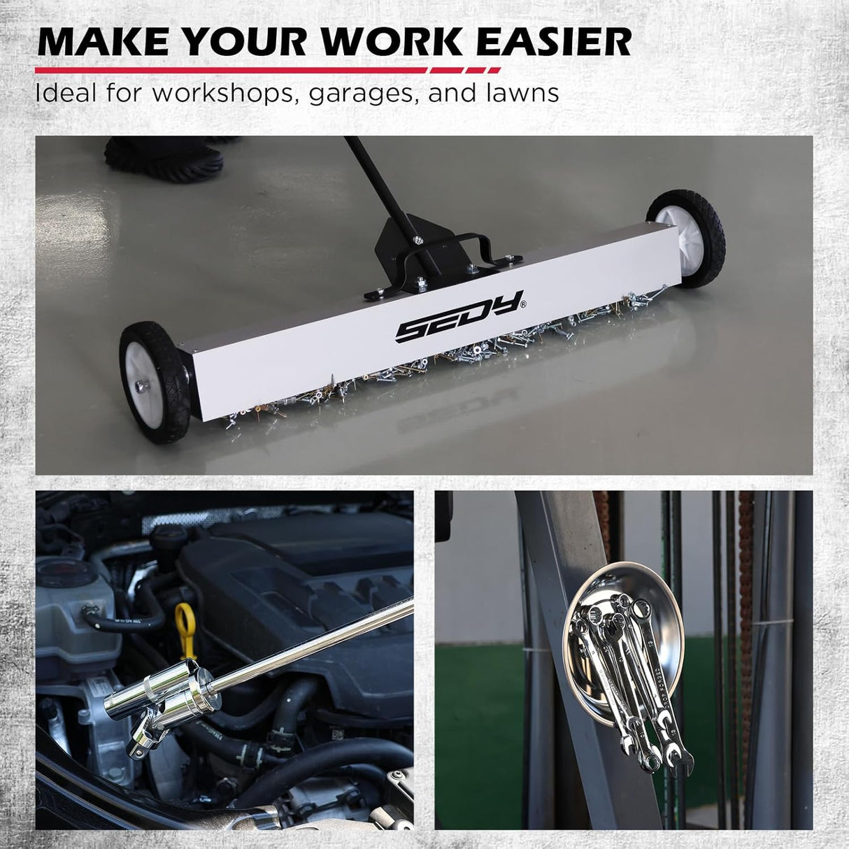 36-inch rolling magnetic sweeper kit with 40-inch telescoping magnetic pickup tool and trays, 55 lb capacity for nails, screws, and metal debris cleanup in garages, workshops, and lawns.
