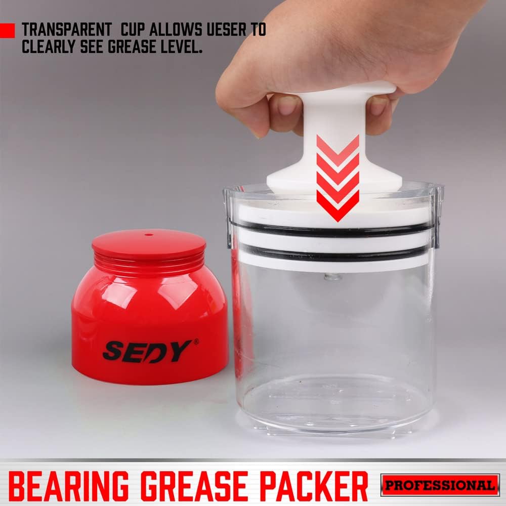 SEDY 4.5 Inch Bearing Grease Packer, Transparent Cup, Easy Grease Repacking Tool for Bearings Up to 3-1/2" O.D.