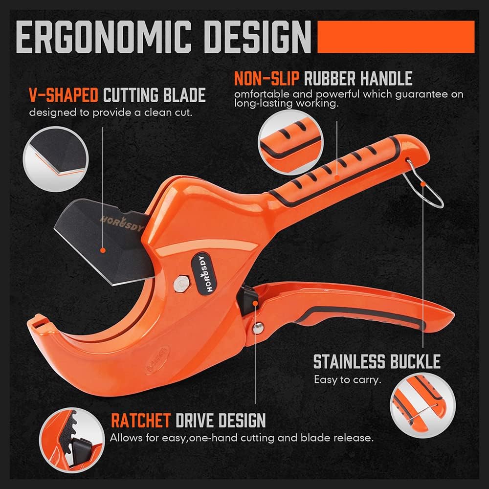 HORUSDY heavy-duty 64mm PVC pipe cutter with Teflon-coated SK5 blade and deburring tool for plumbing, PE, PPR, and rubber tubing