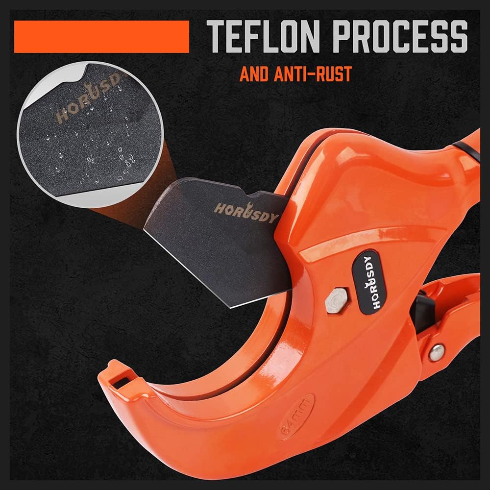 HORUSDY heavy-duty 64mm PVC pipe cutter with Teflon-coated SK5 blade and deburring tool for plumbing, PE, PPR, and rubber tubing