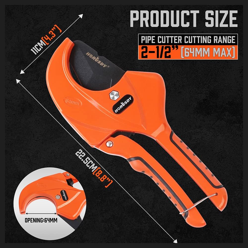 HORUSDY heavy-duty 64mm PVC pipe cutter with Teflon-coated SK5 blade and deburring tool for plumbing, PE, PPR, and rubber tubing