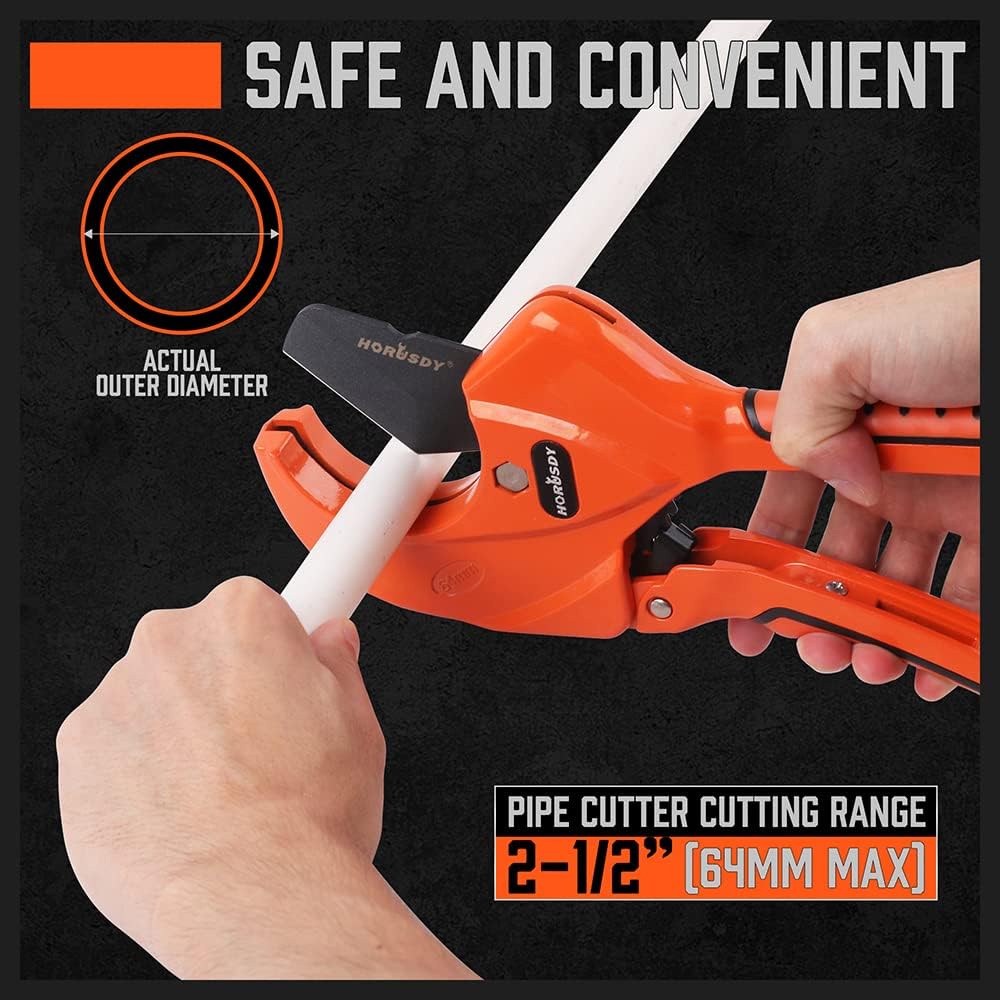 HORUSDY heavy-duty 64mm PVC pipe cutter with Teflon-coated SK5 blade and deburring tool for plumbing, PE, PPR, and rubber tubing