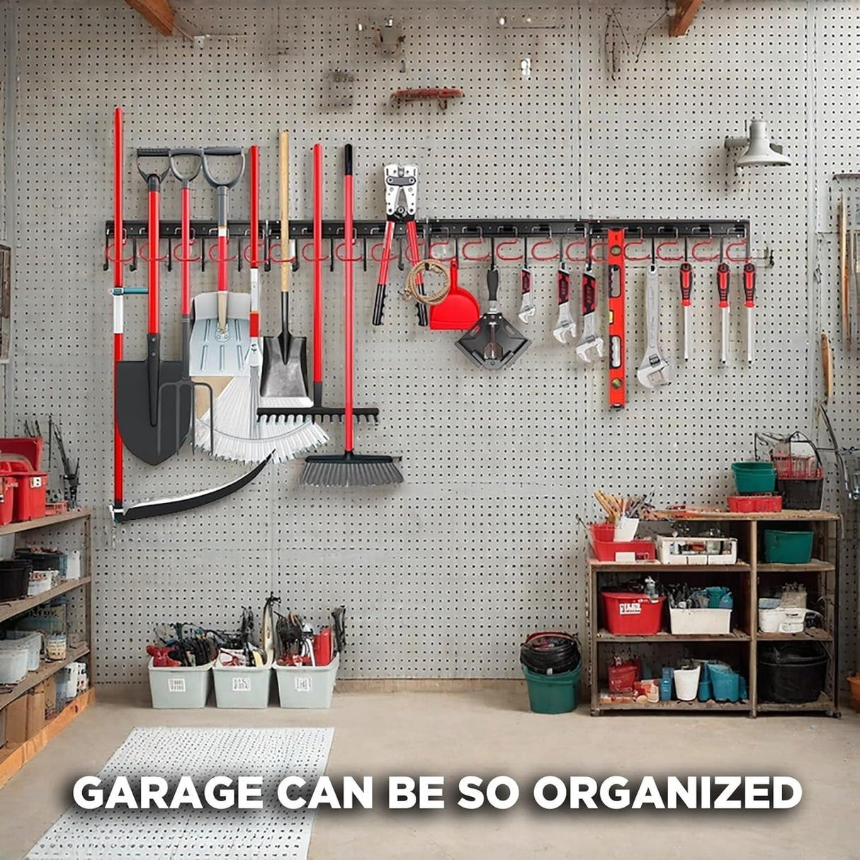Wall-mounted tool organizer system with adjustable and fixed hooks for garage and garden tool storage