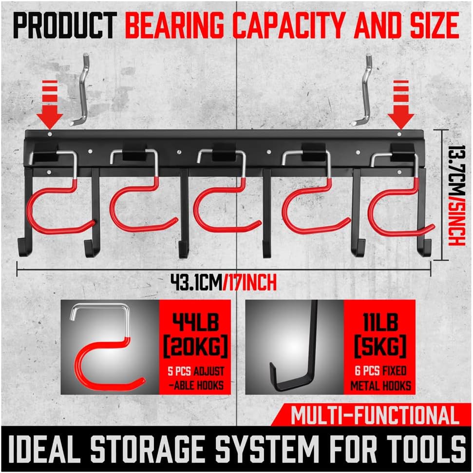 Wall-mounted tool organizer system with adjustable and fixed hooks for garage and garden tool storage