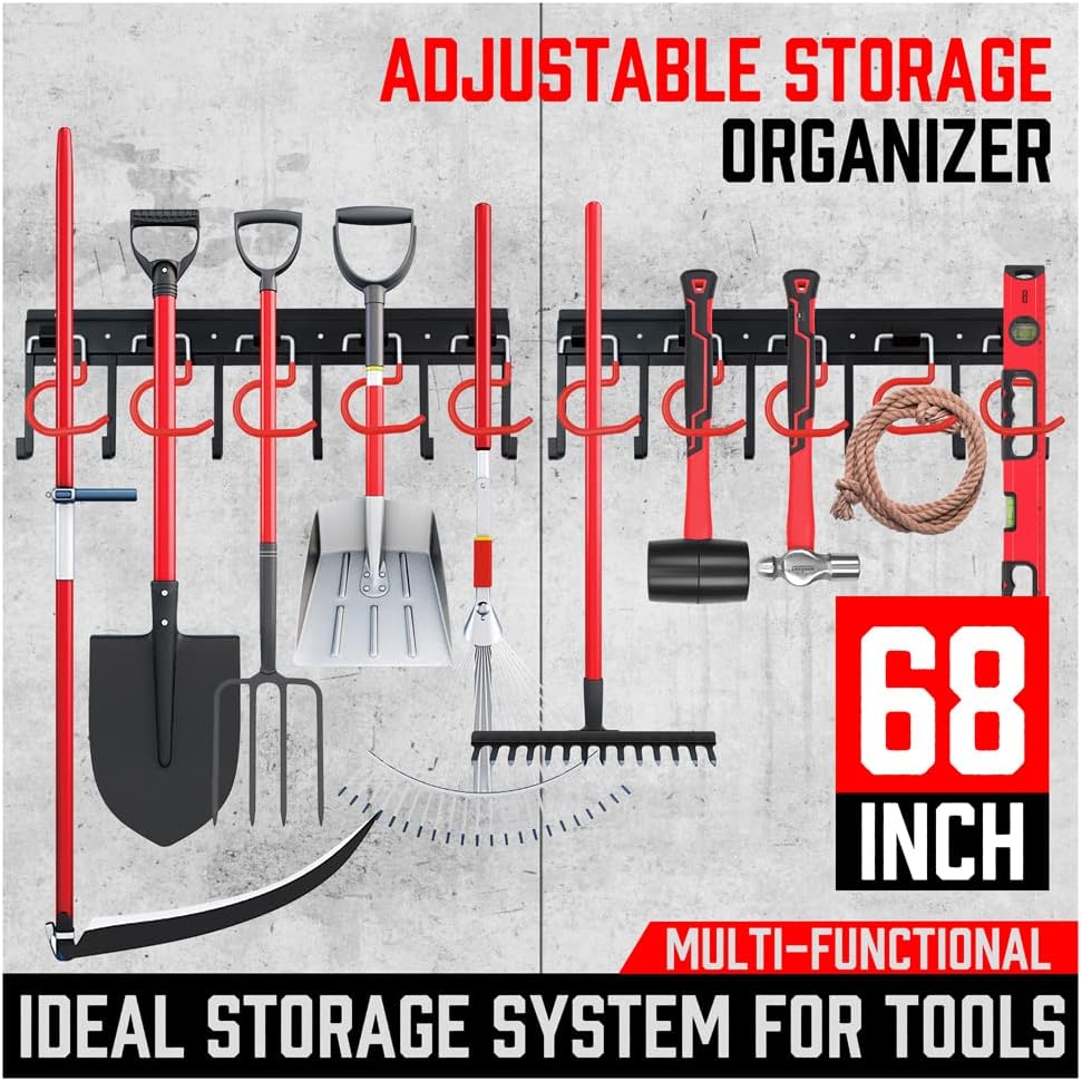 Wall-mounted tool organizer system with adjustable and fixed hooks for garage and garden tool storage