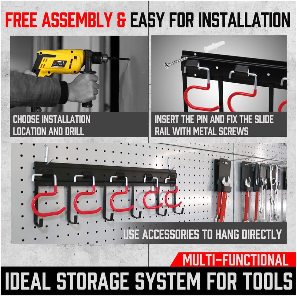Wall-mounted tool organizer system with adjustable and fixed hooks for garage and garden tool storage