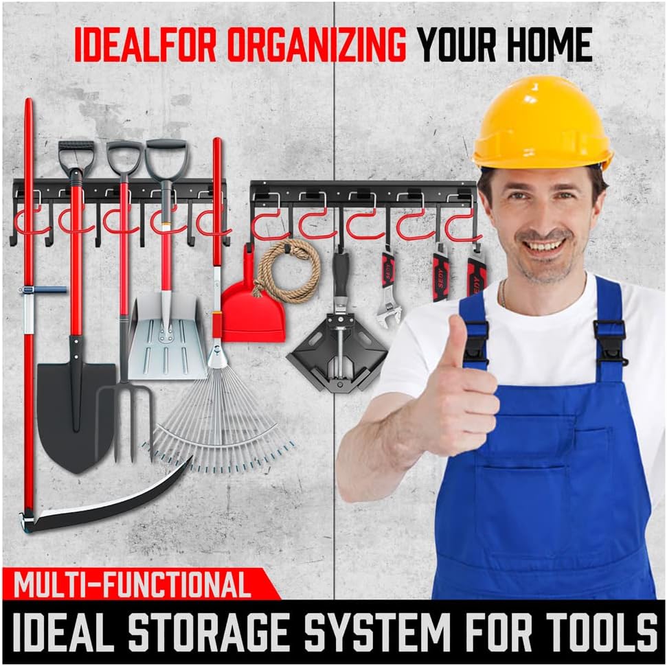 Wall-mounted tool organizer system with adjustable and fixed hooks for garage and garden tool storage