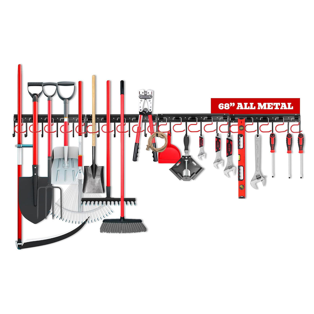 Wall-mounted tool organizer system with adjustable and fixed hooks for garage and garden tool storage