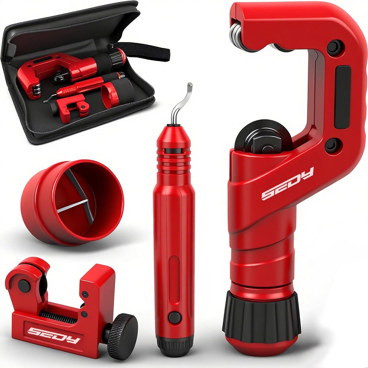 Red tube cutter set including pipe cutter, mini pipe cutter, inner-outer reamer, and deburring tool for cutting plastic, copper, aluminum, and brass pipes.