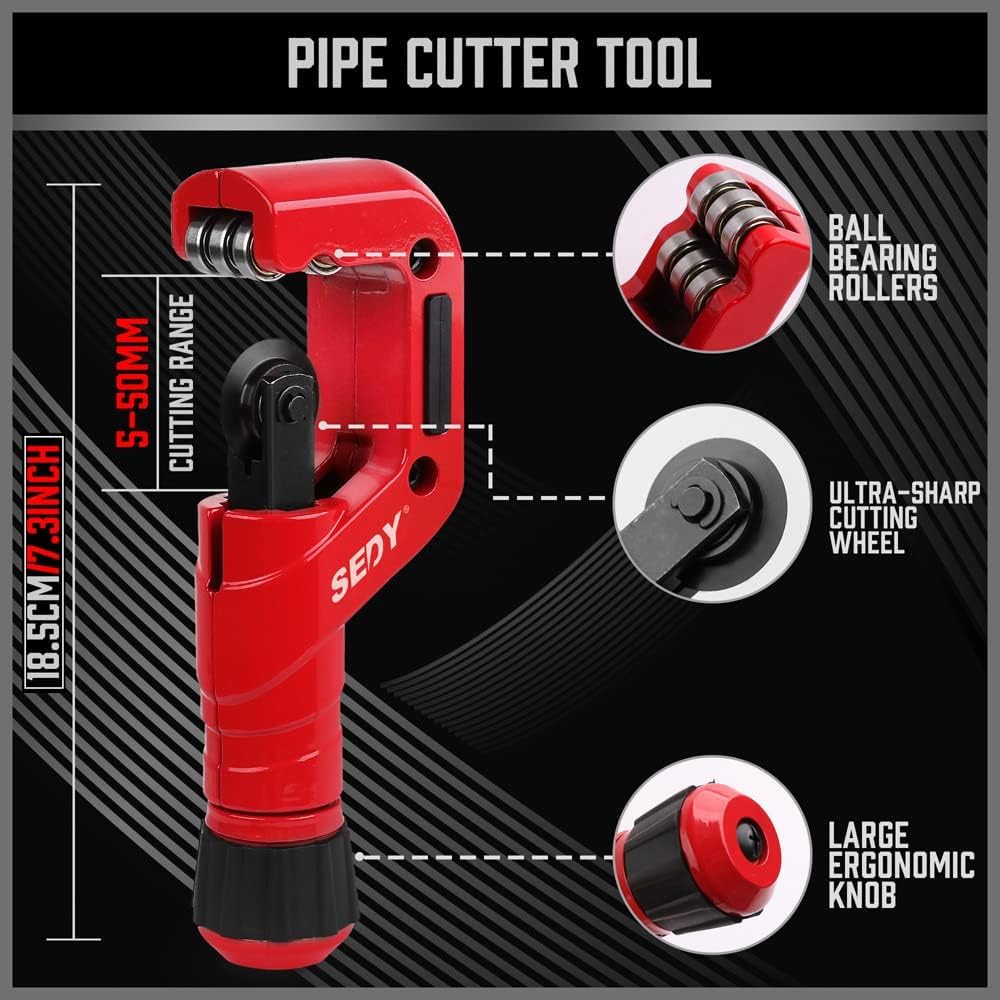 Red tube cutter set including pipe cutter, mini pipe cutter, inner-outer reamer, and deburring tool for cutting plastic, copper, aluminum, and brass pipes.