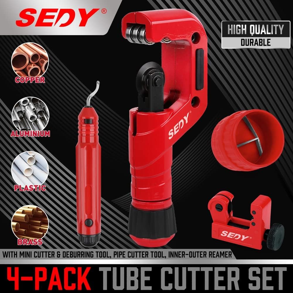 Red tube cutter set including pipe cutter, mini pipe cutter, inner-outer reamer, and deburring tool for cutting plastic, copper, aluminum, and brass pipes.