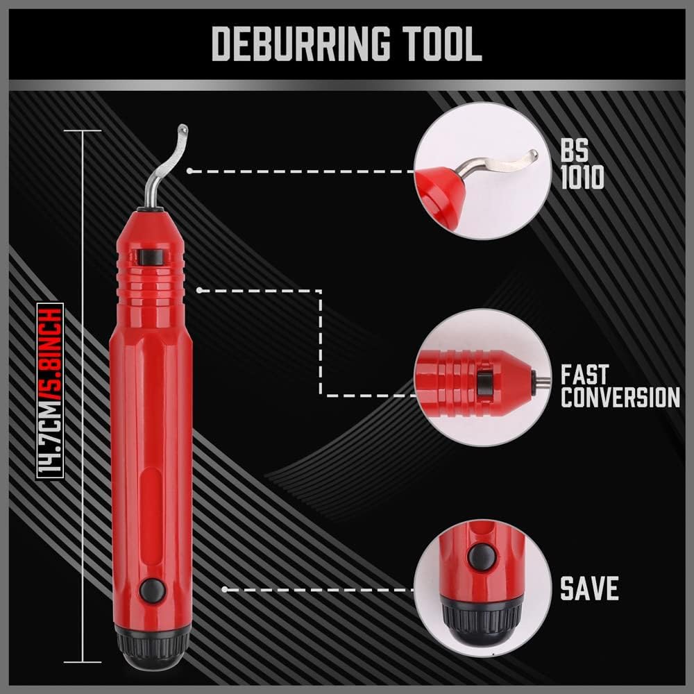Red tube cutter set including pipe cutter, mini pipe cutter, inner-outer reamer, and deburring tool for cutting plastic, copper, aluminum, and brass pipes.
