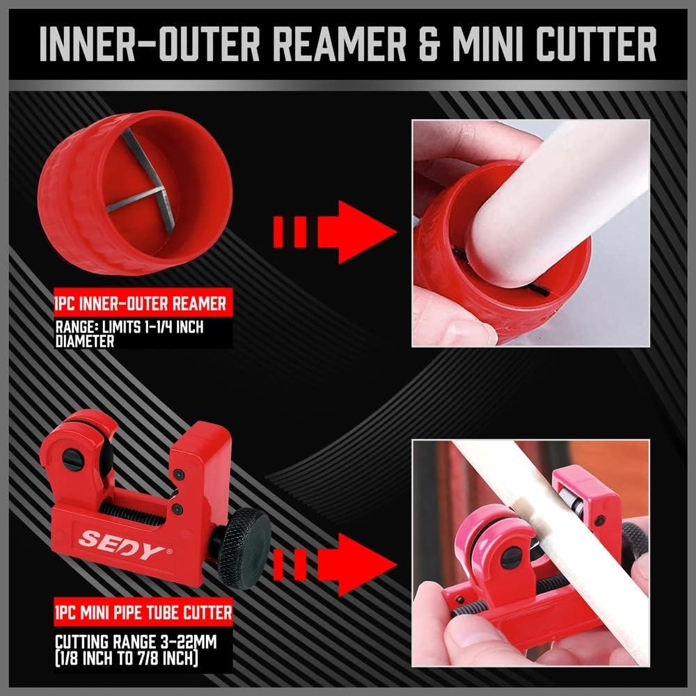Red tube cutter set including pipe cutter, mini pipe cutter, inner-outer reamer, and deburring tool for cutting plastic, copper, aluminum, and brass pipes.
