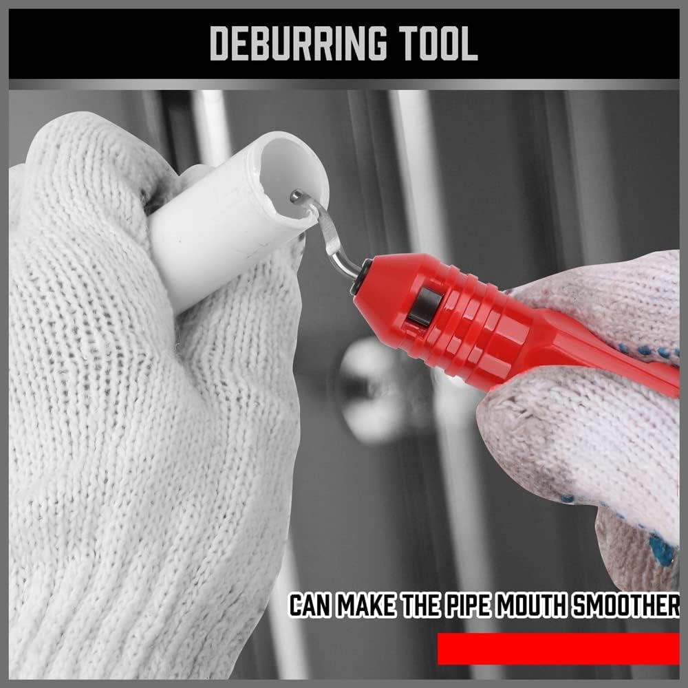 Red tube cutter set including pipe cutter, mini pipe cutter, inner-outer reamer, and deburring tool for cutting plastic, copper, aluminum, and brass pipes.