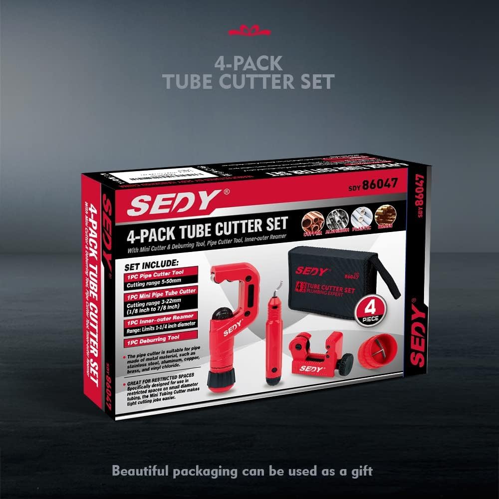 Red tube cutter set including pipe cutter, mini pipe cutter, inner-outer reamer, and deburring tool for cutting plastic, copper, aluminum, and brass pipes.
