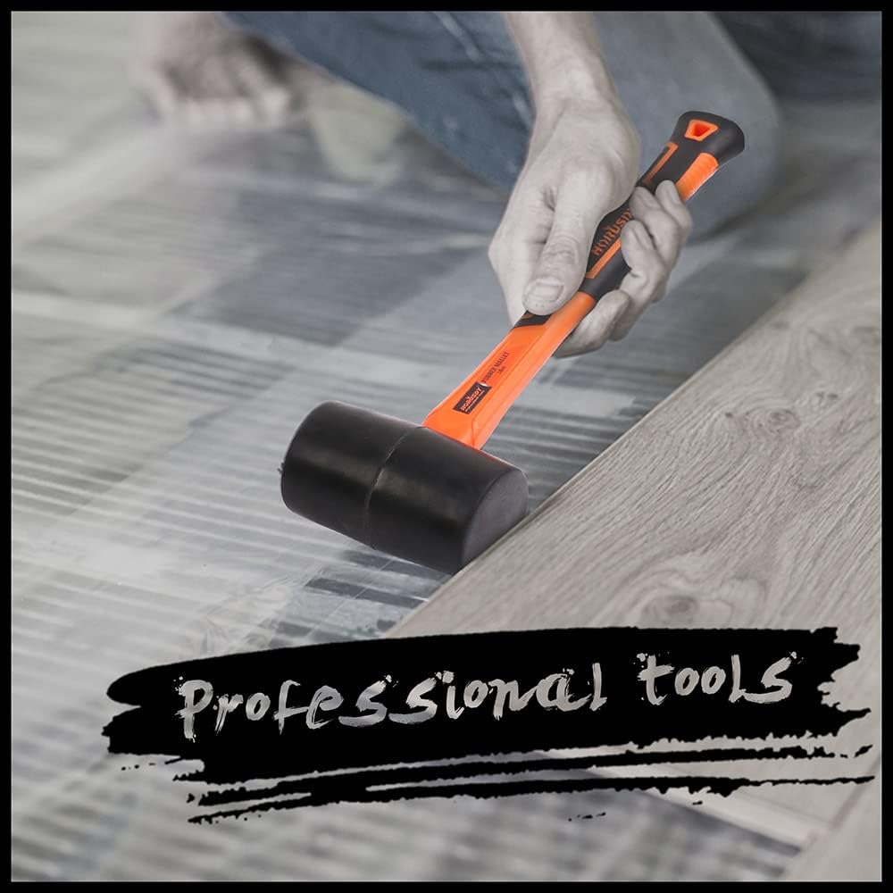 HORUSDY 16oz rubber mallet with fiberglass handle and non-slip grip, ideal for flooring, woodworking, and DIY applications