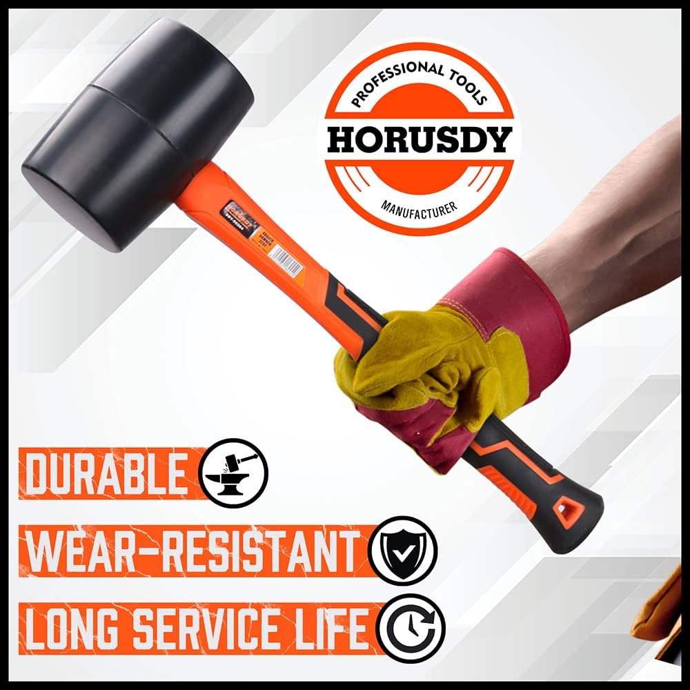 HORUSDY 16oz rubber mallet with fiberglass handle and non-slip grip, ideal for flooring, woodworking, and DIY applications