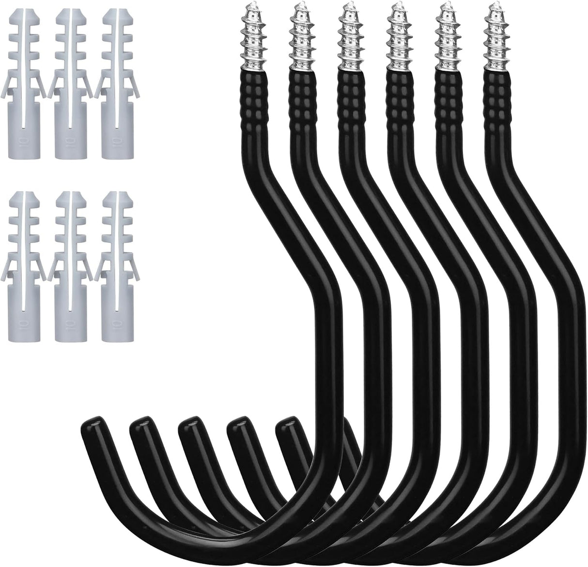 Black screw-in utility wall hooks for bike and garage storage, heavy-duty wide mouth design with non-slip coating