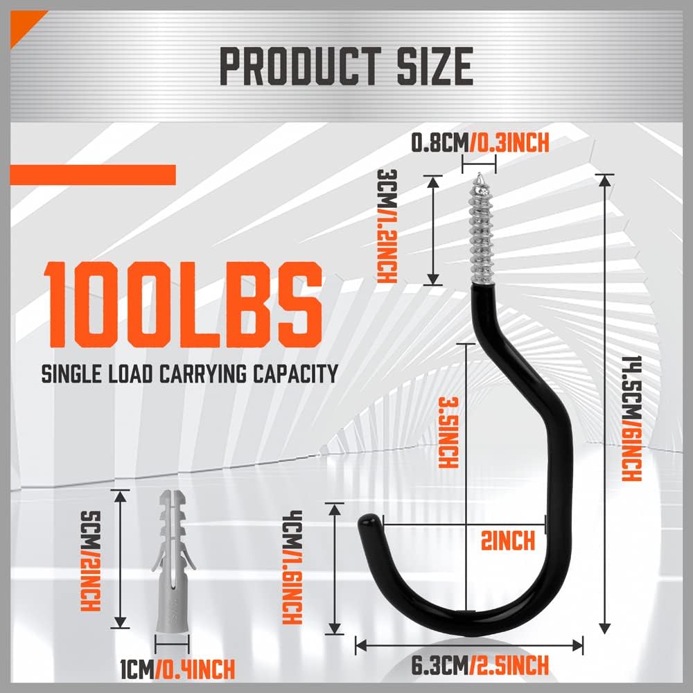 Black screw-in utility wall hooks for bike and garage storage, heavy-duty wide mouth design with non-slip coating